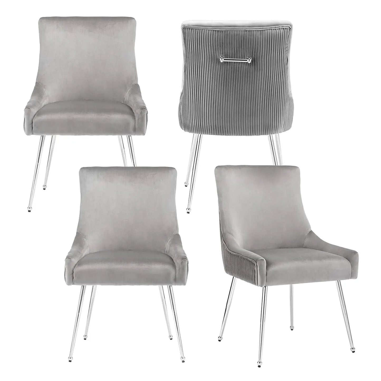 Velvet Dining Chairs Set of 4, Modern Upholstered Kitchen Chair with Pull Handle & Pleated Back, Mid Century Accent