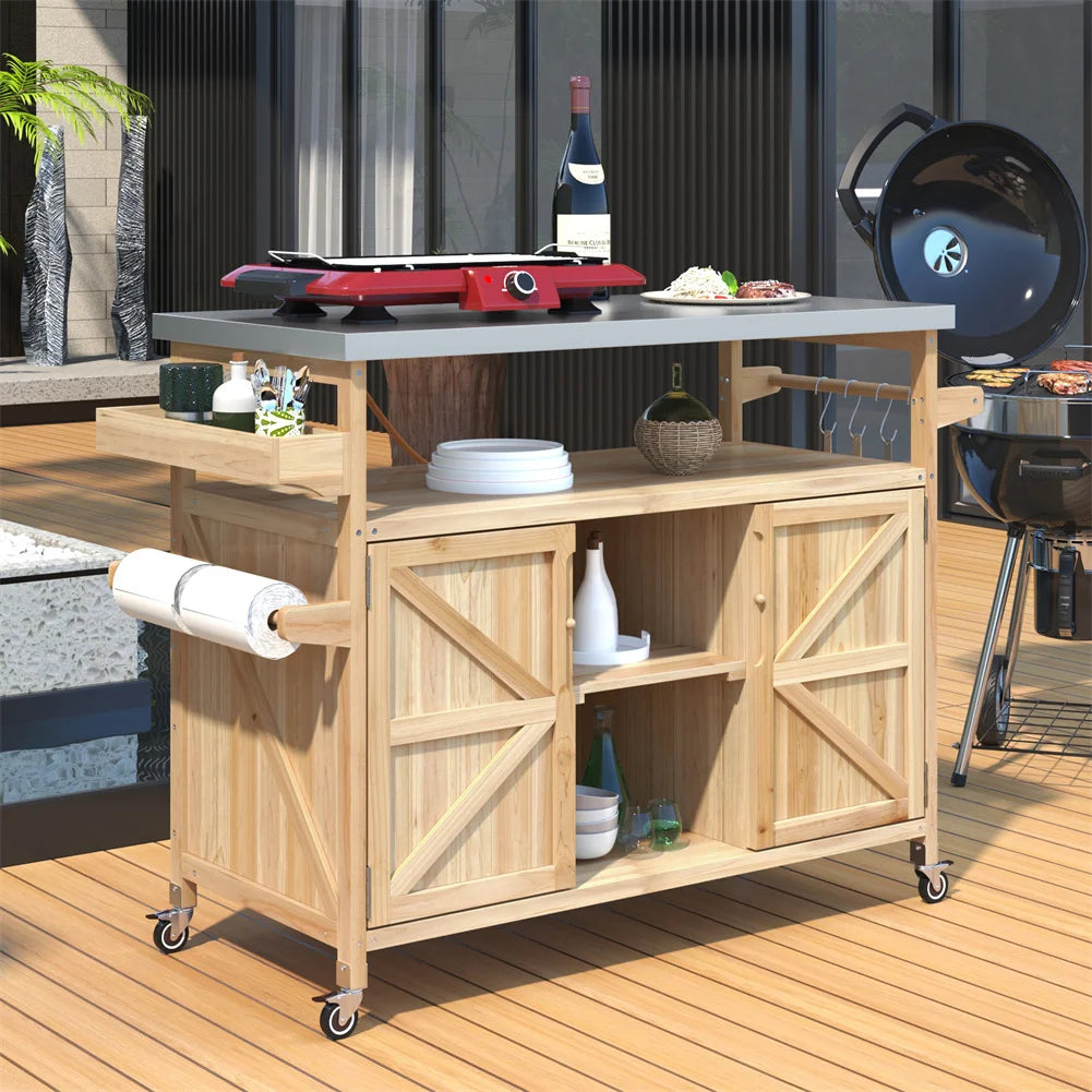 Portable Bar Tables Outdoor Grill Prep Table with Storage Tabletop Spice Rack Internal Storage Racks 4 Locking Mobile Wheels