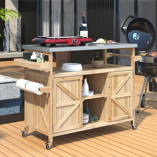 Portable Bar Tables Outdoor Grill Prep Table with Storage Tabletop Spice Rack Internal Storage Racks 4 Locking Mobile Wheels