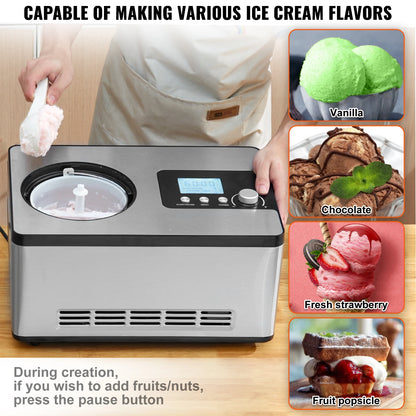 Automatic Ice Cream Maker with Built-in Compressor 2 Quart No Pre-freezing Fruit Yogurt Machine Electric Sorbet Maker
