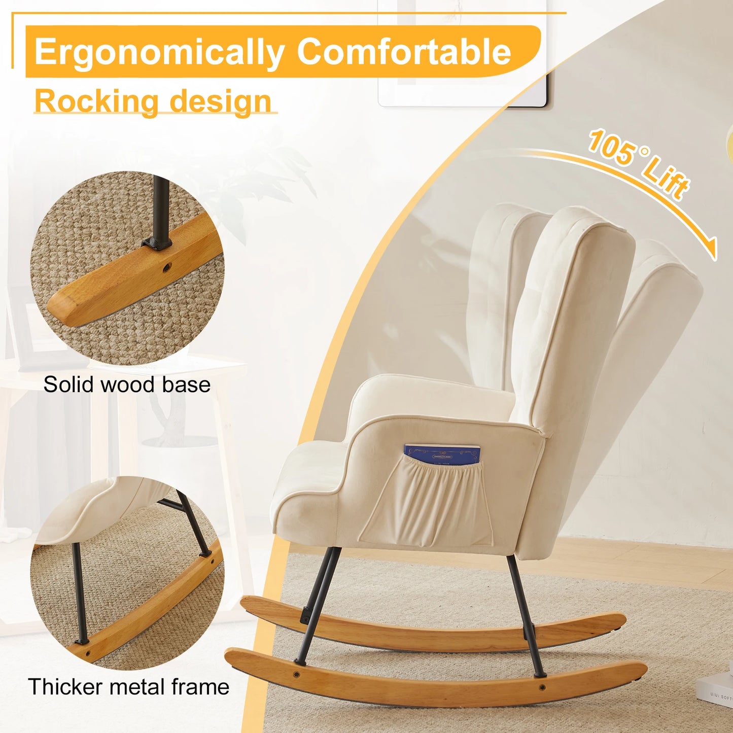 Rocking Chair Nursery,Stylish Modern Rocking Accent Chair Glider Recliner for Living Room Nursery Bedroom, Ivory