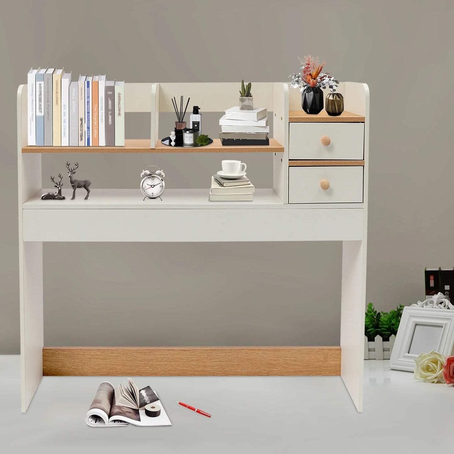 Modern 2-Tier Desktop Bookshelf with 2 Drawers 36-inch Storage Organizer for Office/Home (10kg Load Capacity, 5kg Lightweight)