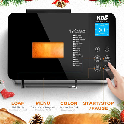 17-in-1 Automatic Bread Maker with Ceramic Pan, Nut Dispenser, Touch Panel, Stainless Steel, 3 Crust Options, 15H