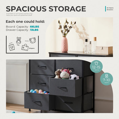 JHK 10 Fabric Drawers Nightstand Storage Cabinet With Steel Frame Clothes Storage