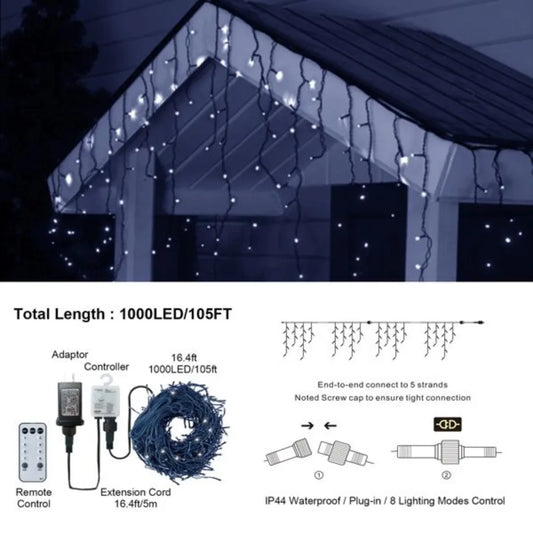105ft Outdoor Christmas Duration Lights 1000 LED Waterproof Timer Memory