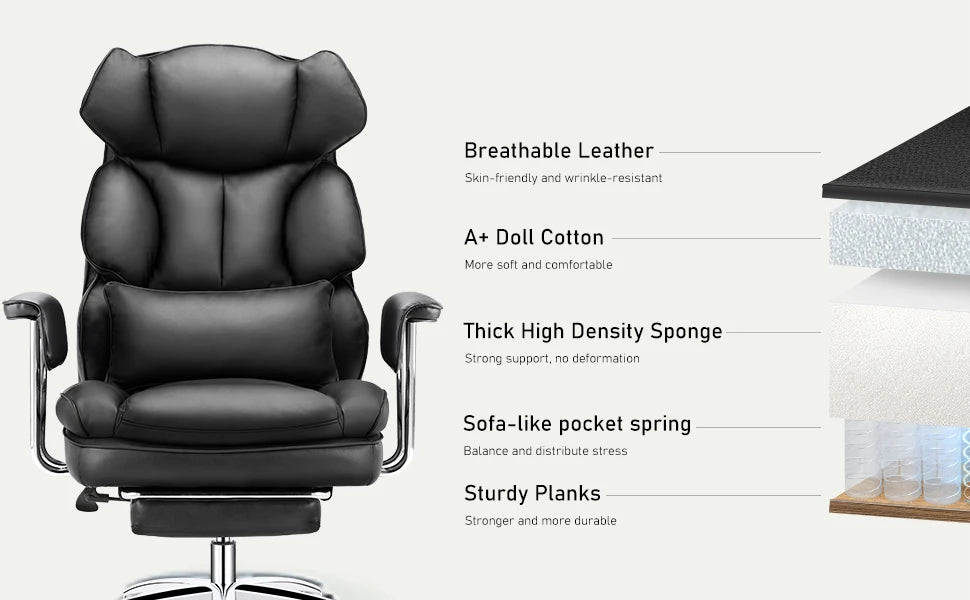Leather Ergonomic Computer Desk Chair High Back with Footrest Lumbar Support Height Adjustable For Home Office