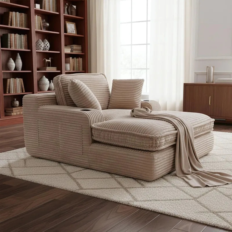 Oversized Chaise Lounge Chair Indoor, Soft Boneless Cloud Couch with 3 Pillows, 4 Side Pockets and 2 Cup Holders, Comfy Corduroy