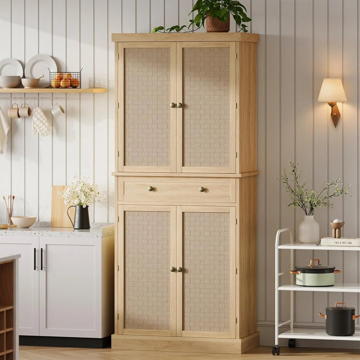 Kitchen Pantry Cabinet 72" Tall Storage Pantries with 4 Doors and Adjustable Shelves,Farmhouse Cabinet with 1 Drawer