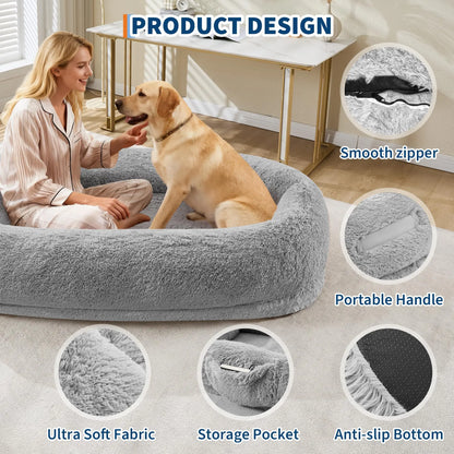 Oversized Human Dog Bed Orthopedic Faux Fur Pet Bed With Pillow Side Pocket Waterproof Lining & Anti-slip Bottom