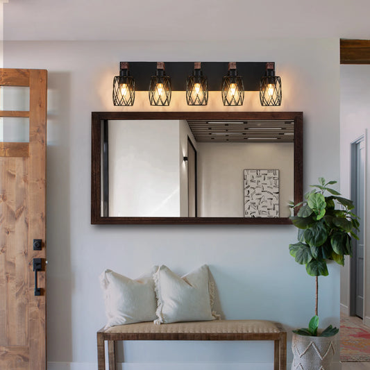32 Inch 5-Light Vintage Mirror Sconce Black Cage Wall Sconce with Wooden Accents
