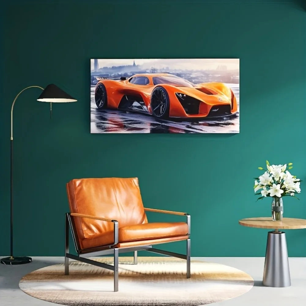 Stylish retro orange sports car, art canvas painting artwork, modern decorative poster, 1.5 inch thick pine solid wood frame