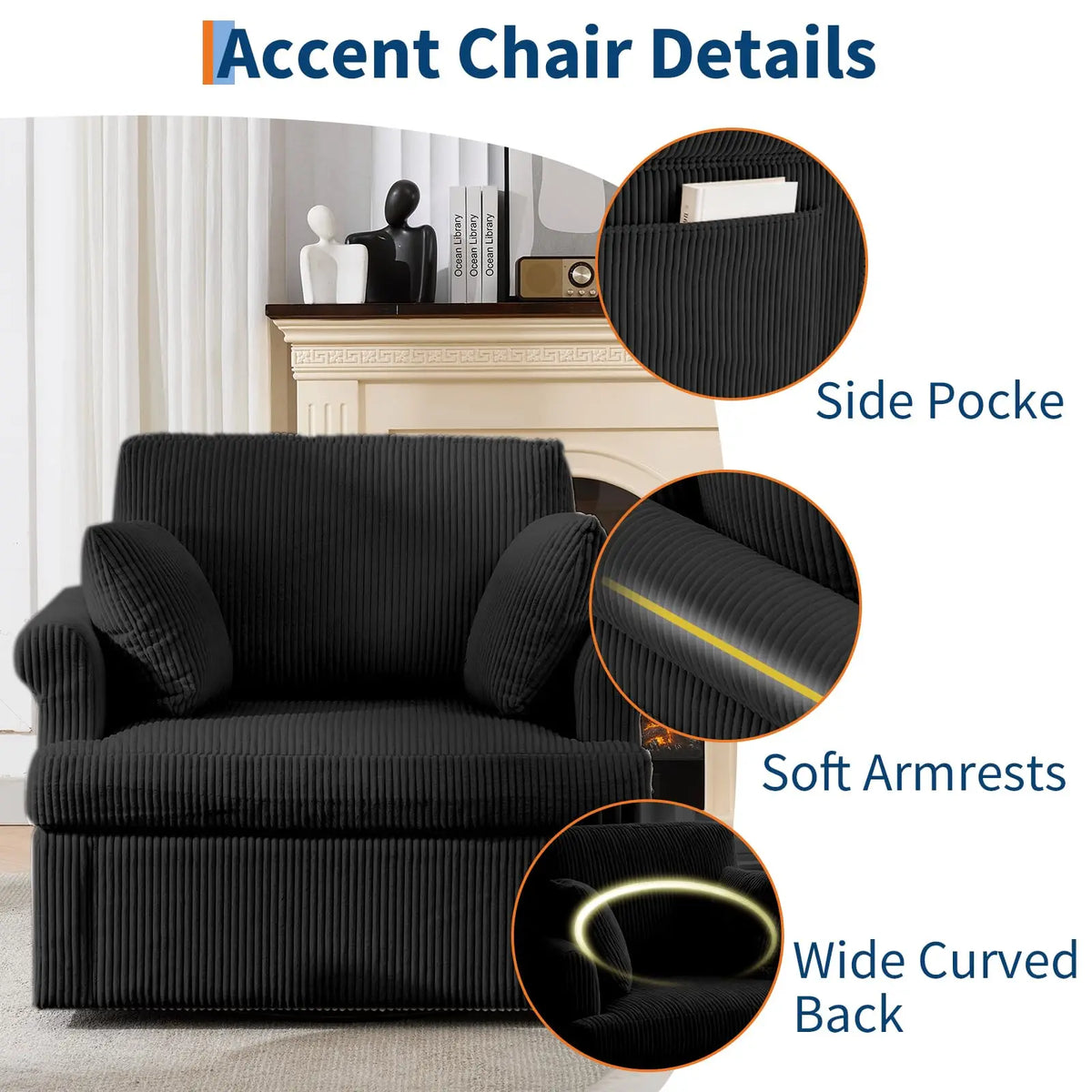 Large Swivel Corduroy Barrel Armchair Accent Chair