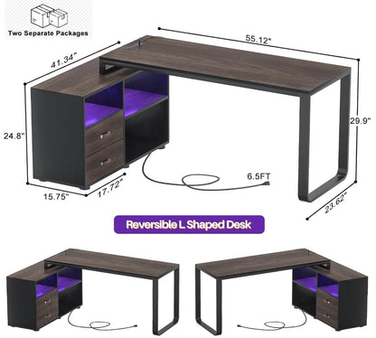 L Shaped Desk with File Cabinet & Power Outlet, Reversible 55 Inch Large Corner