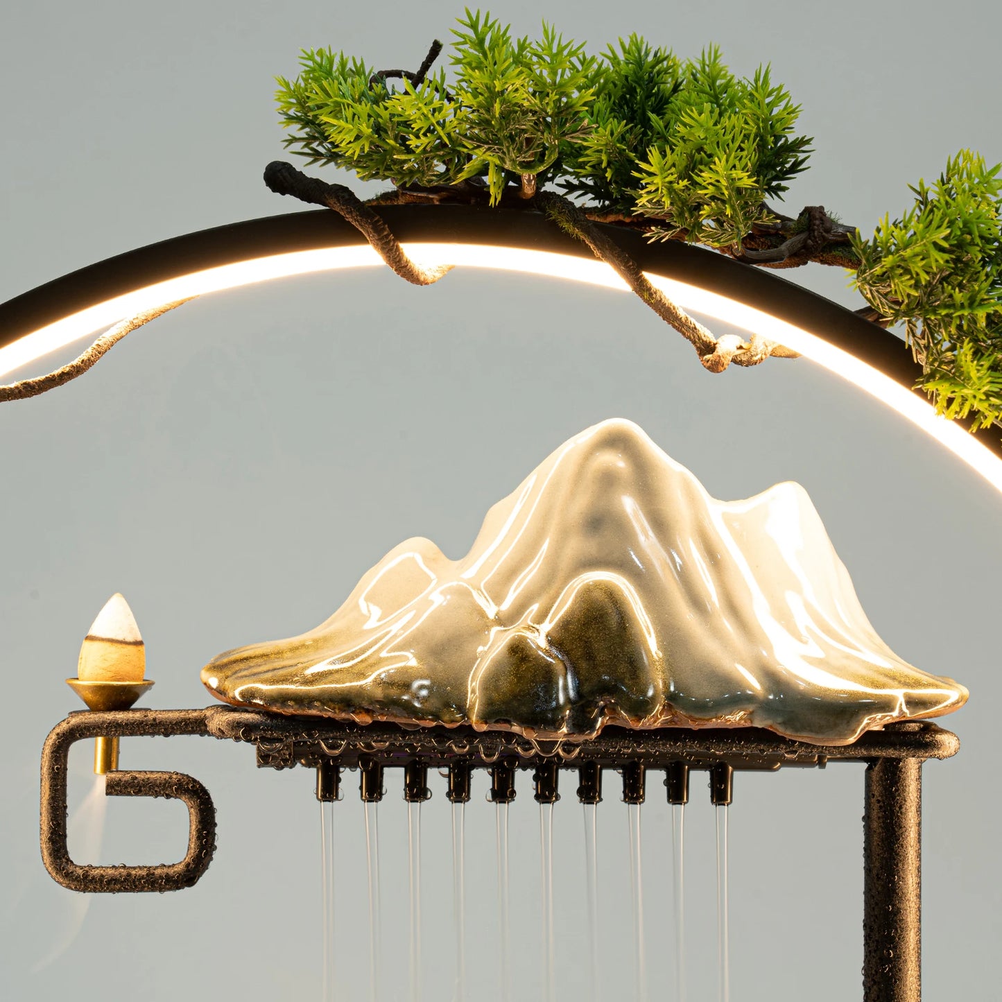 Modern LED Light Ring Waterfall Fountain, Wood & Ceramic