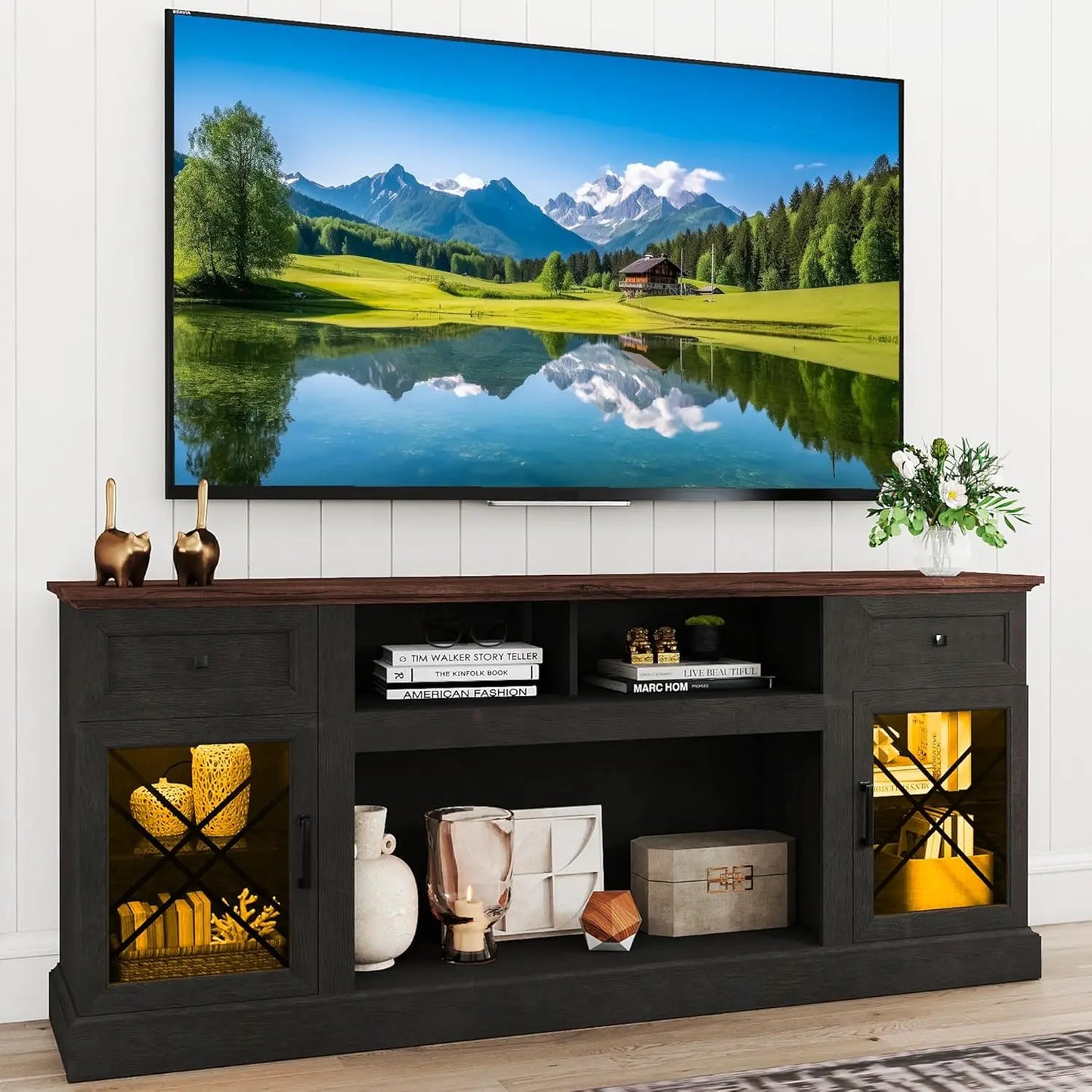 Farmhouse TV Stand Table for 75 80 inch TVs, Modern Entertainment Center with LED Lights and Glass Doors, Customized