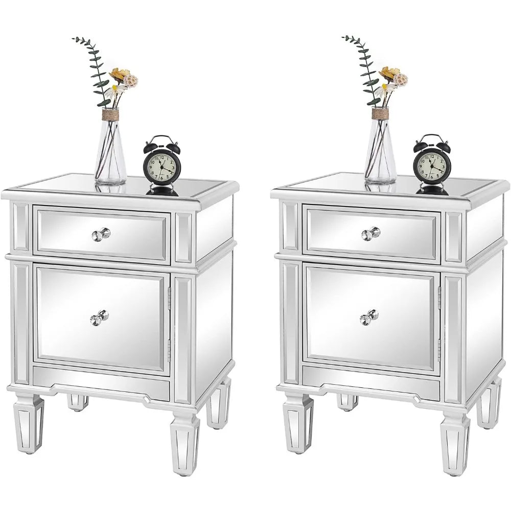 Nightstands Set of 2 Mirrored Side Tables Glass End Table with Drawer for Bedroom, Silver