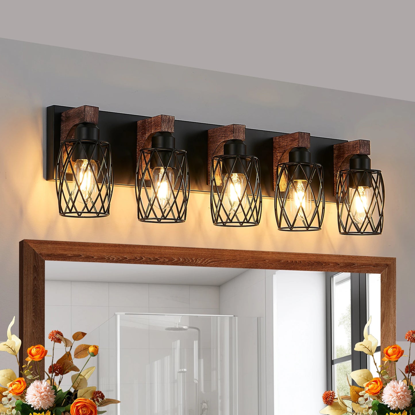 32 Inch 5-Light Vintage Mirror Sconce Black Cage Wall Sconce with Wooden Accents