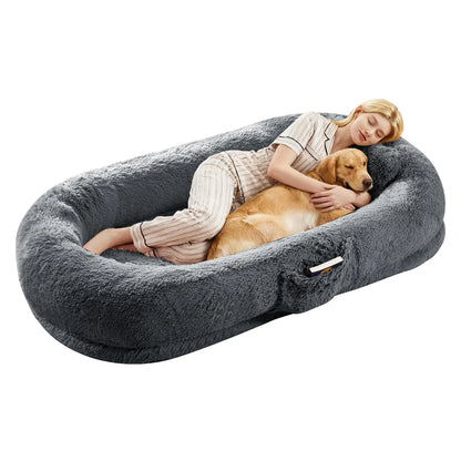 Oversized Human Dog Bed Orthopedic Faux Fur Pet Bed With Pillow Side Pocket Waterproof Lining & Anti-slip Bottom