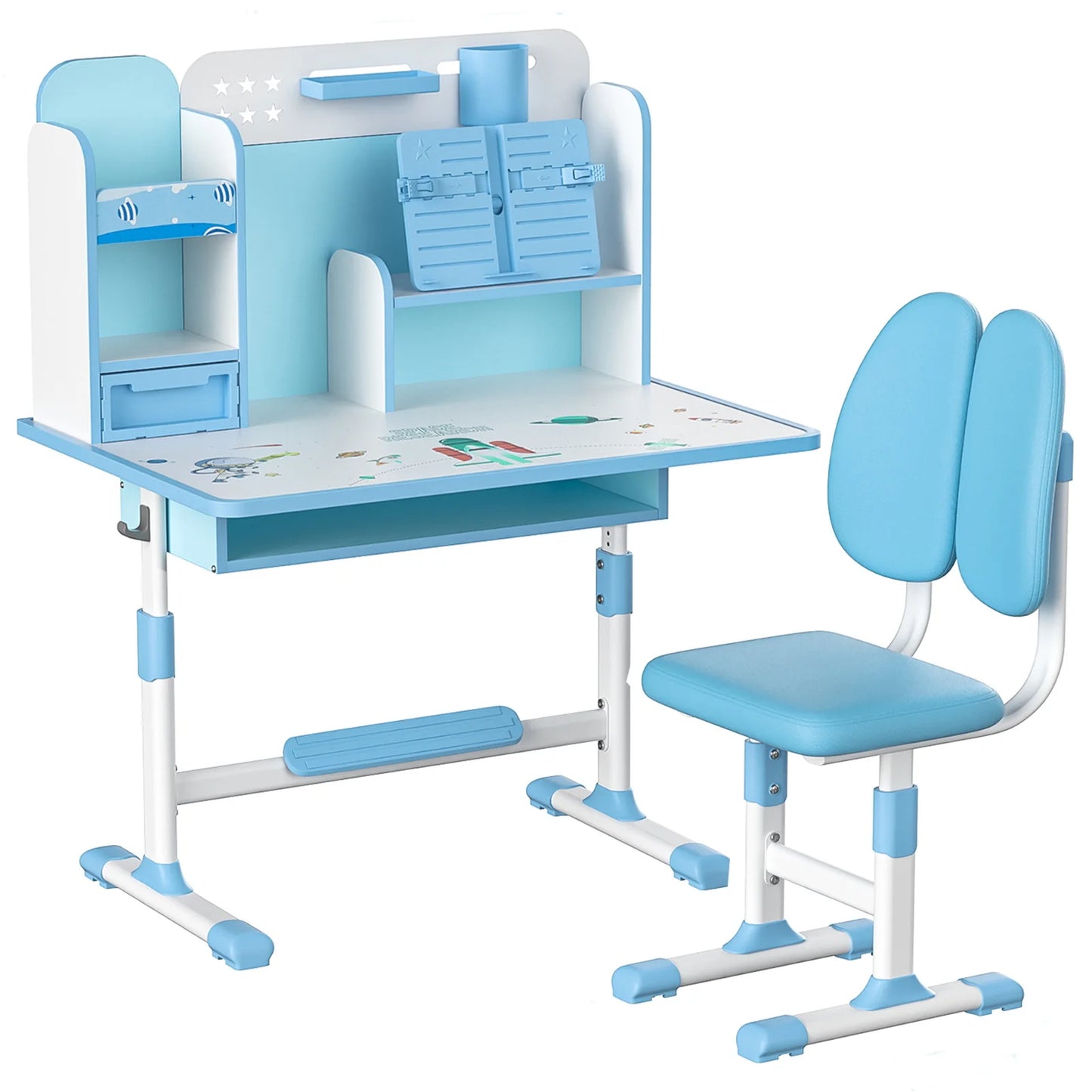 Multi Bookstand Widened Desktop Desk Chair Set Cartoon Pattern Kids Adjustable Height Study Drawer Table with Chair Set