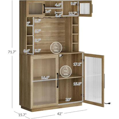 Coffee Wine Bar Cabinet with Power Outlet, 72" Rustic Liquor Cabinet, with Storage Kitchen Pantry Cupboard,Fluted Buffet Cabinet