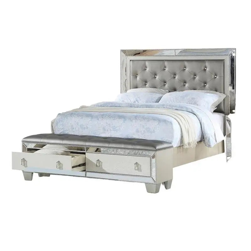 Glam Luxurious Queen Size Bed with Drawer Footboard, Silver Mirror Accents, Tufted Headboard Furniture Set for Modern Bedroom