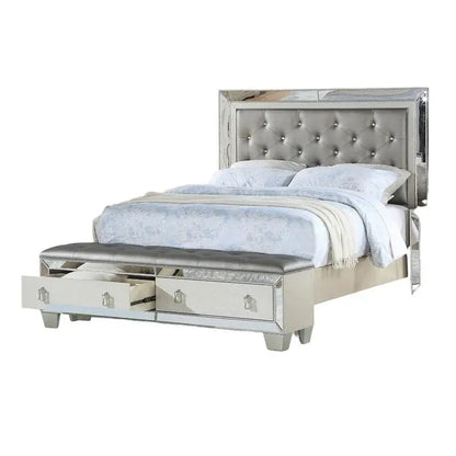 Glam Luxurious Queen Size Bed with Drawer Footboard, Silver Mirror Accents, Tufted Headboard Furniture Set for Modern Bedroom