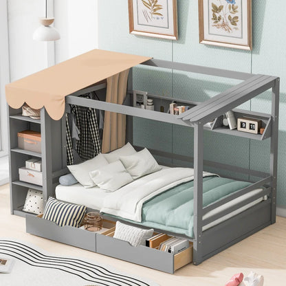 Full size House Bed with Two Drawers and Wardrobe,sturdy construction and Unique design,White/Gray /Natural.