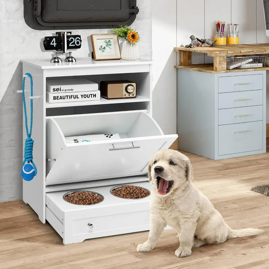 Pet Feeder Station, Dog Food Storage Container with Double Pull Out Dog Bowls, Pet Food Toy Cabinet, Pet Feeding Furniture