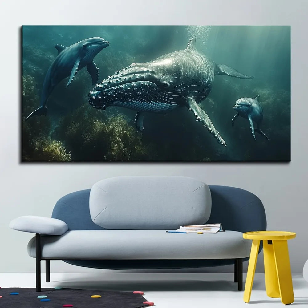 1.5 inch pine frame, wall decoration,can be hung directly,ocean whale mother and child swimming children's room canvas poster