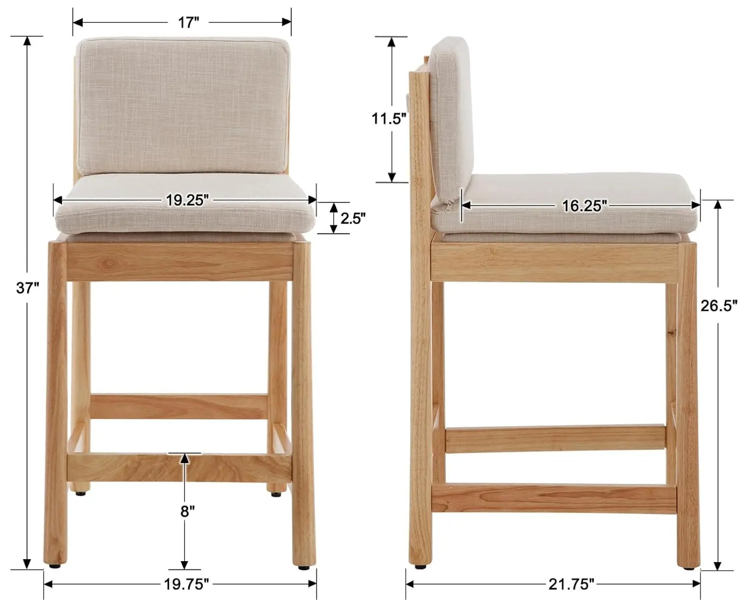 Counter Height Bar Stools Set of 4 Farmhouse Barstools with Back Mid Century Modern Counter Stools with Natural Wood, Customized