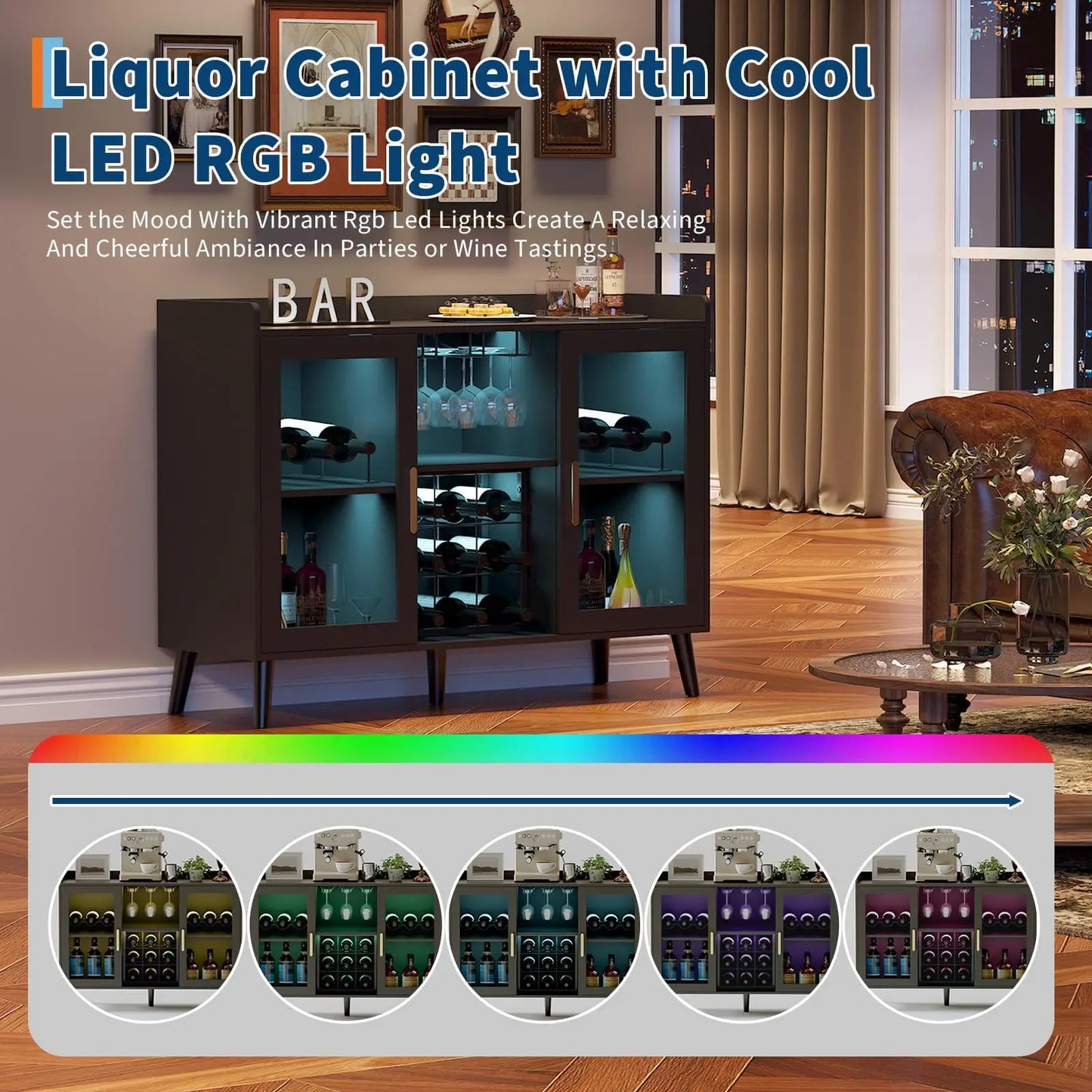 Wine Bar Cabinet With Led Lights & Glass Holder, Freestanding Sideboard With Wine Rack For Dining Room Kitchen Storage