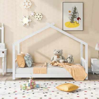 Platform Bed with board and Footboard Roof Design White