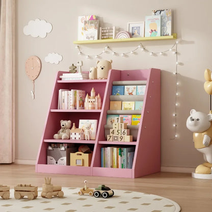 Pink Wooden Toy Storage Organizer Cabinet Bookshelf Bookcase Toddler Baby Sling Book Rack Adjustable Shelf for Playroom Bedroom