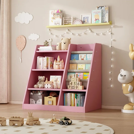 Pink Wooden Toy Storage Organizer Cabinet Bookshelf Bookcase Toddler Baby Sling Book Rack Adjustable Shelf for Playroom Bedroom