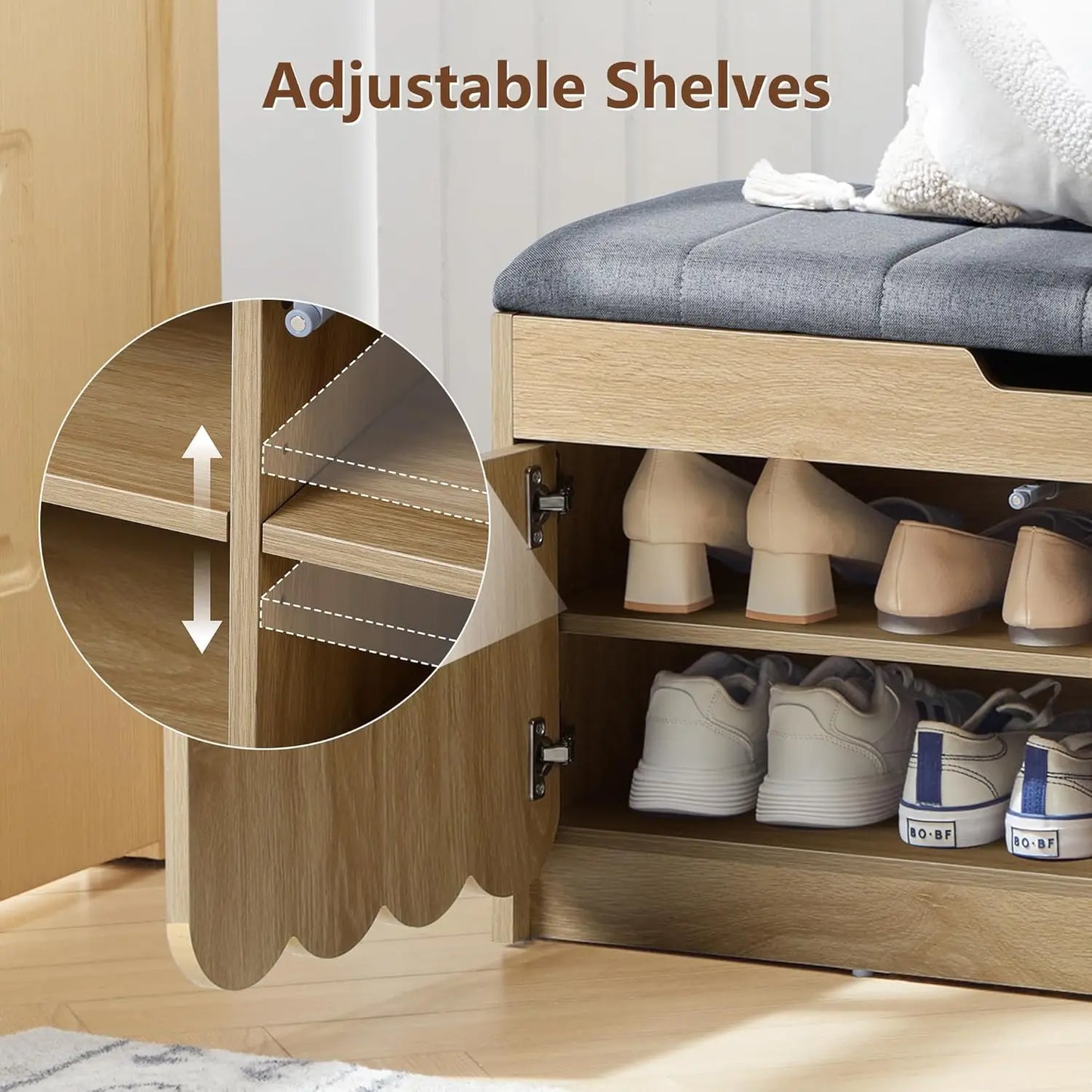 Shoe Storage Bench with Cushion, Entryway Shoe Cabinet Bench with 2 Scalloped Doors & Adjustable Shelf, Customized