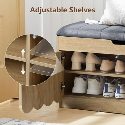 Shoe Storage Bench with Cushion, Entryway Shoe Cabinet Bench with 2 Scalloped Doors & Adjustable Shelf, Customized