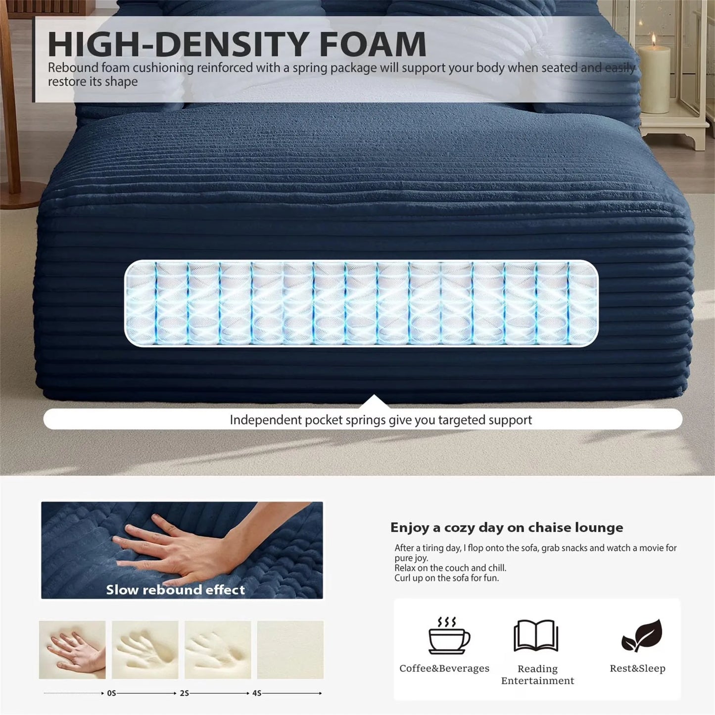Oversized Chaise Lounge Chair Corduroy Oversized Boneless Couch Sofa Bed Reading Chair Sleeper Chaise with 3 Pillows, Blue