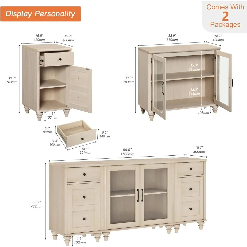 Tableware cabinet with glass doors, buffet cabinet, wooden coffee bar table with adjustable shelves, and 2 drawer cabinets