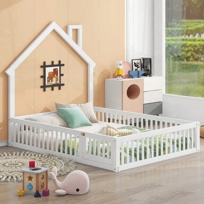 Wood Full Size House Platform Bed with Guardrail