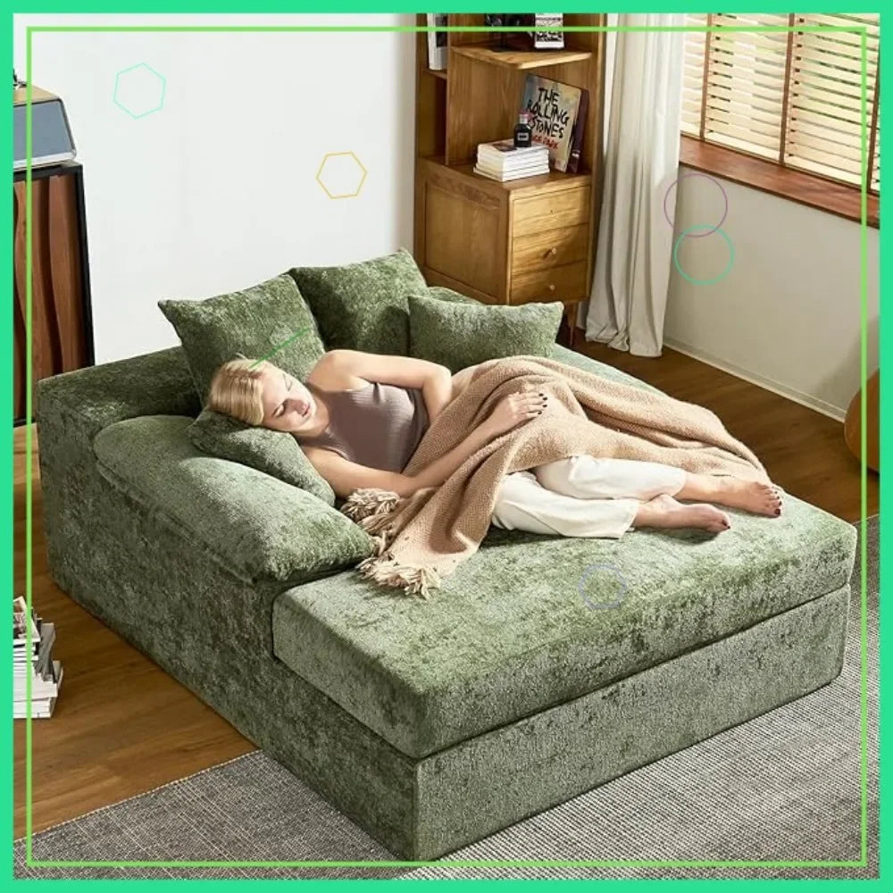 Oversized Boneless Chaise Lounge Chair Chenille Sofa Bed with Armrests & 4 Pillows