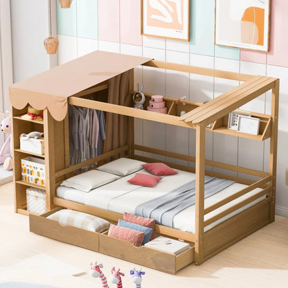 Full size House Bed with Two Drawers and Wardrobe,sturdy construction and Unique design,White/Gray /Natural.