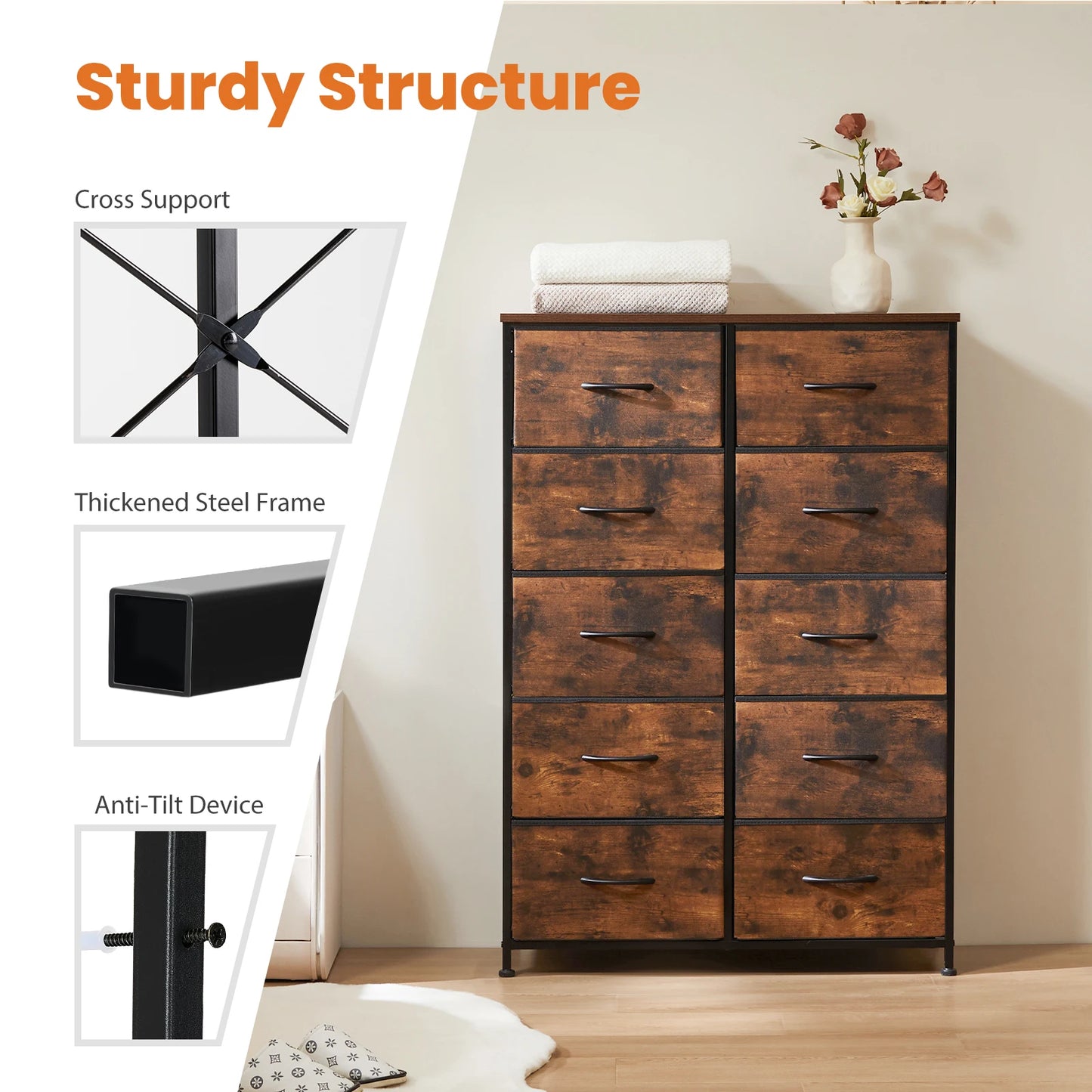 JHK Bedside Table For Bedroom With 10 Fabric Drawers Wardrobe Steel Frame Closet