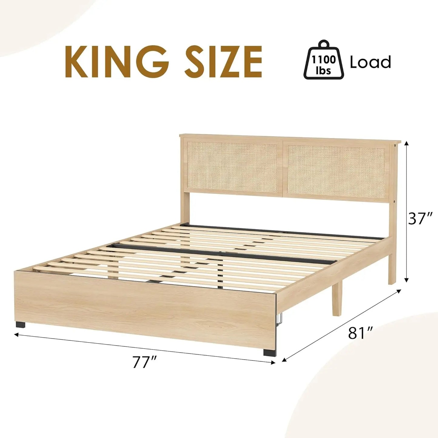 Rattan Bed Frame with Headboard, Boho Cane Platform Bed Frame with Drawer, Strong Metal Slats Support
