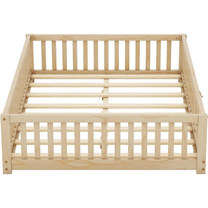 Toddler Floor Bed Frame with Safety Guardrails Doors Wood Slat Support Bed Detachable Platform Bed for Kids Bedroom Nursery