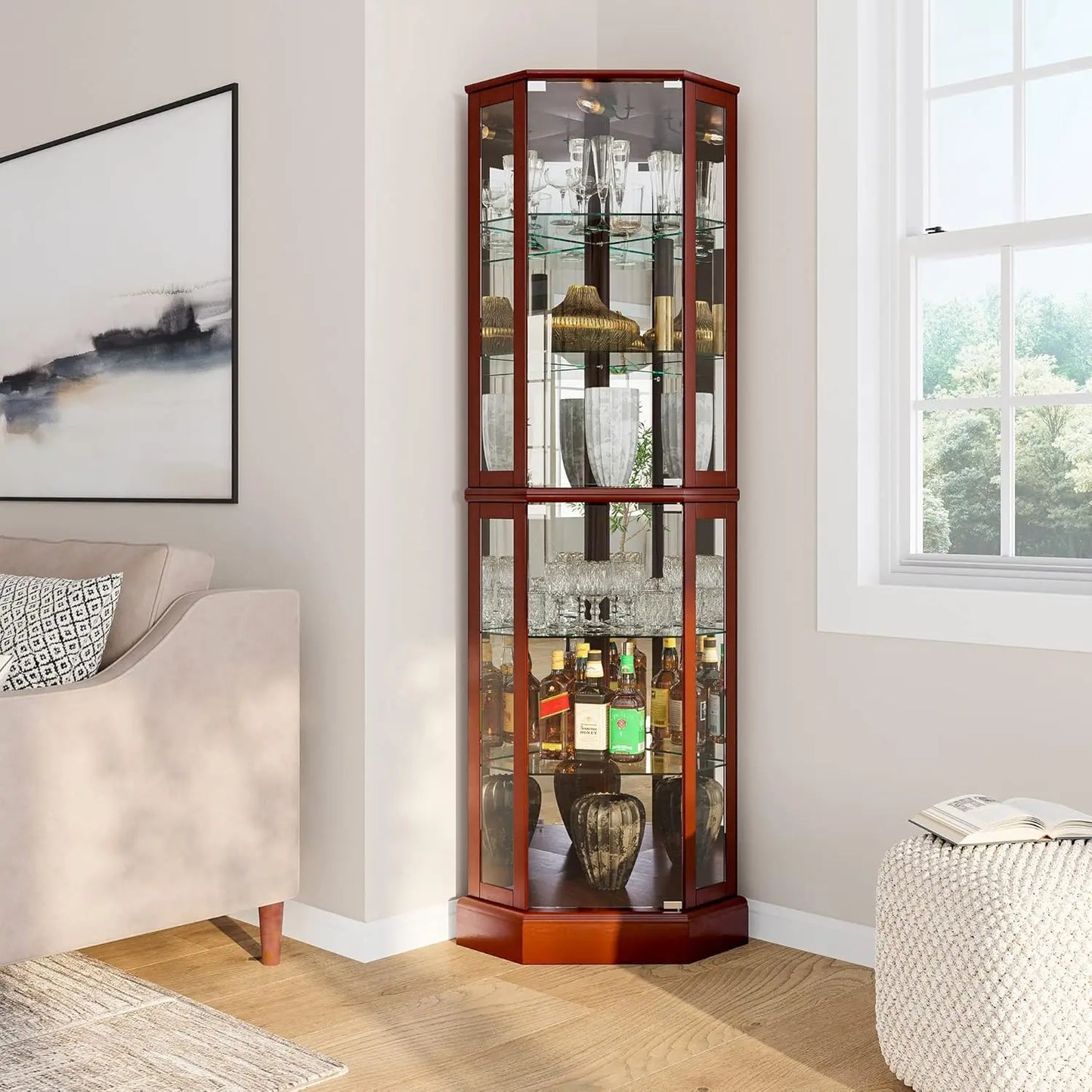 Lighted Corner Display Curio Cabinet,72" Tall Wooden Curved Shelving Unit with Tempered Glass Door, Bar and Liquor Storage Area