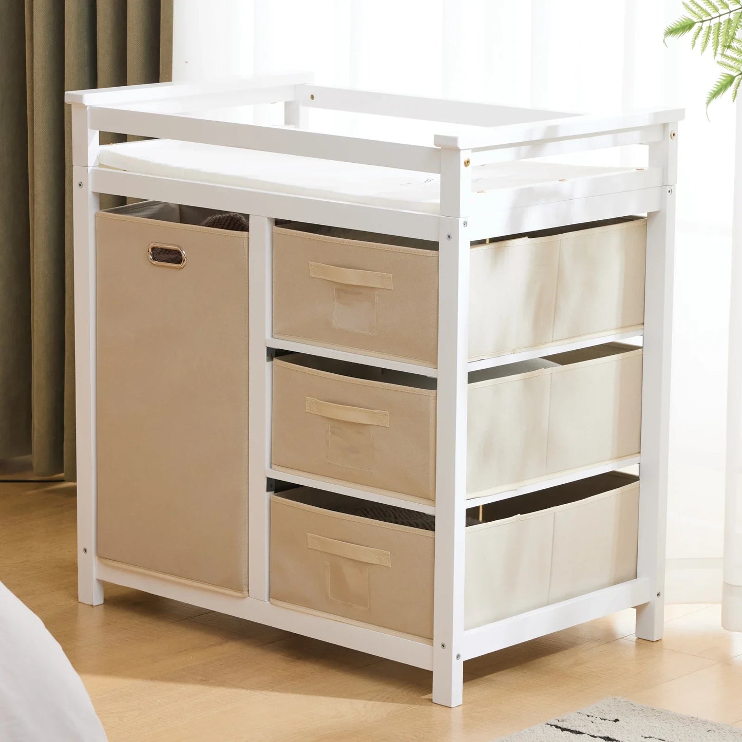 Wooden Bed Bases Removable Top White Painted Pine Children's Cot with 3 Fabric Drawers + 1 Fabric Bag