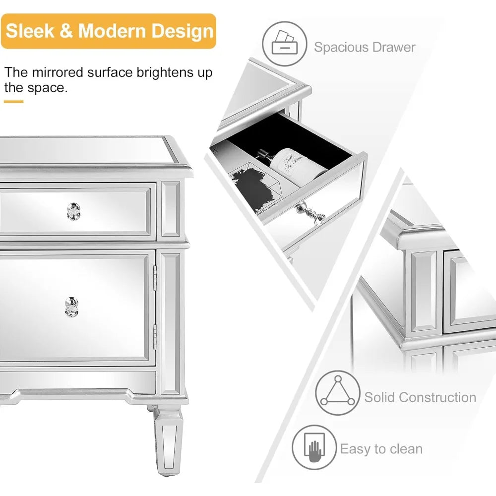 Nightstands Set of 2 Mirrored Side Tables Glass End Table with Drawer for Bedroom, Silver