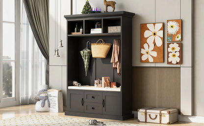 Hall Tree with 3 Hooks , Coat Hanger, Entryway Bench, Storage Bench, 3-in-1 Design, 47.2INCH, for Entrance, Hallway (Black)