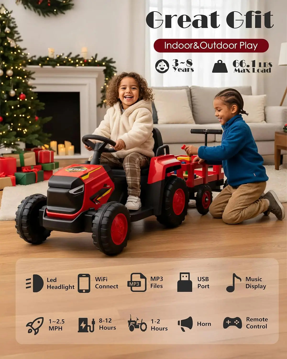 Toddlers Ride on Tractor with Detachable Garden Cart, 12V Electric Kids’ Vehicle Toys with Trailer, Up to 2.5 Mph Remote Control
