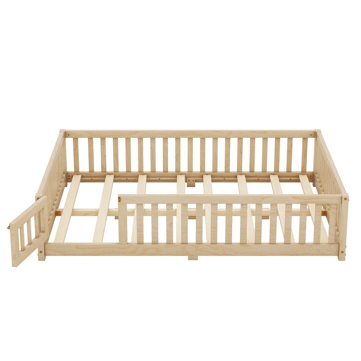 Toddler Floor Bed Frame with Safety Guardrails Doors Wood Slat Support Bed Detachable Platform Bed for Kids Bedroom Nursery